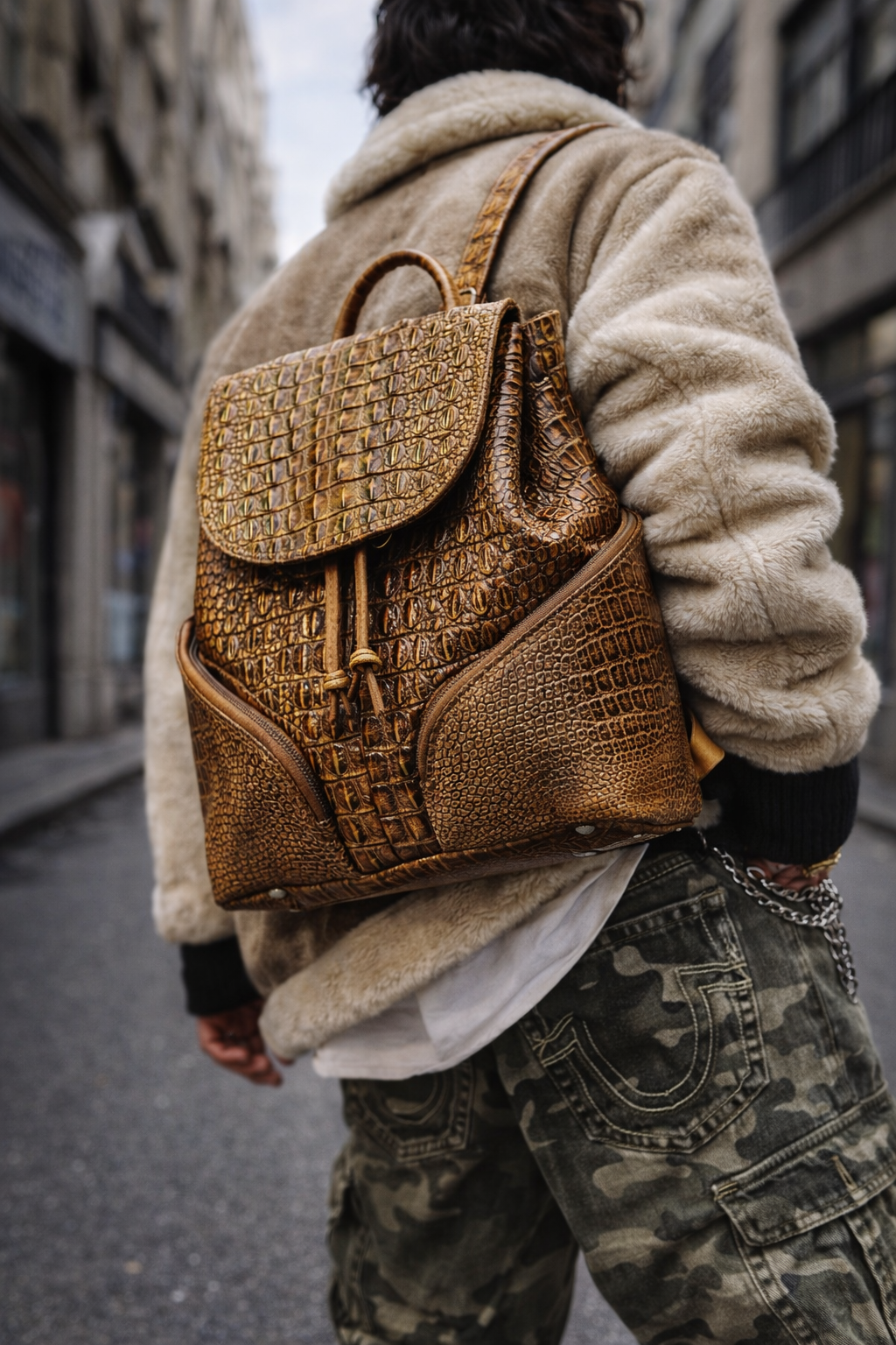 crocodile-embossed leather backpack