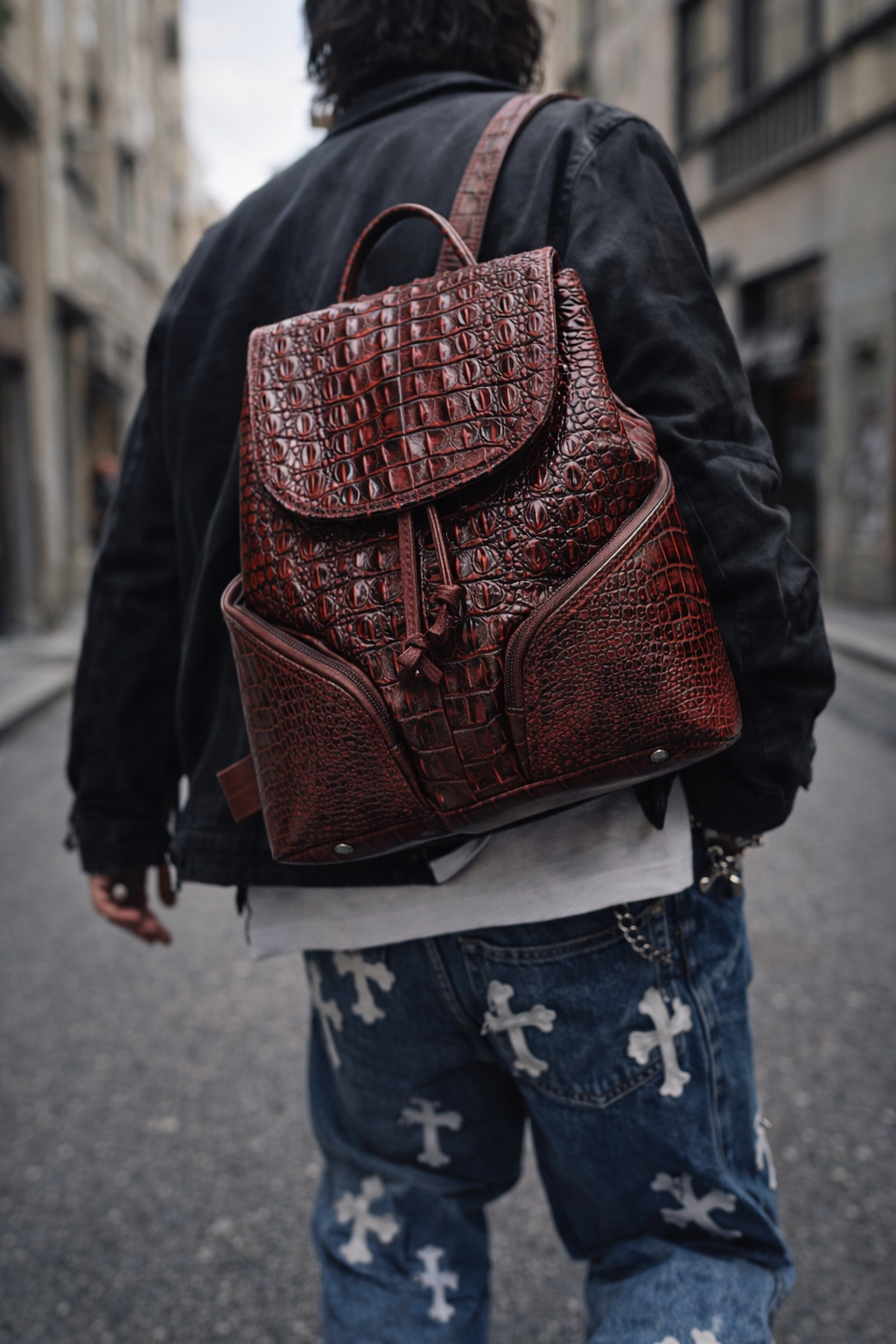 crocodile-embossed leather backpack